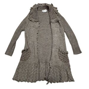 Lucky and Blessed Women's Gray Open Front Cardigan Sweater M Ruffled Trim Rodeo